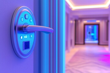 Electronic digital door handles on hotel or apartment doors, future modern technology for safety and security, digital touch screen keypad access with passcodes, hotel or apartment door, electronic