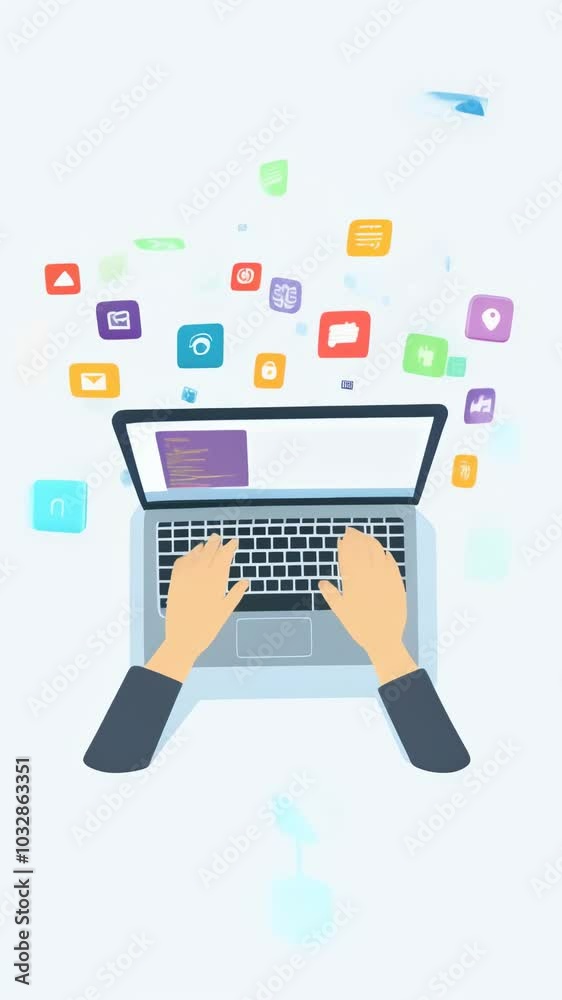 Poster Software developer codes new apps on laptop in modern office, fully immersed in work, creating digital solutions for various platforms. Image symbolizes tech industry's fast paced, dynamic nature