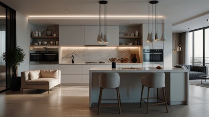 Modern kitchen with white cabinets, marble countertops, and a large island with stools.
