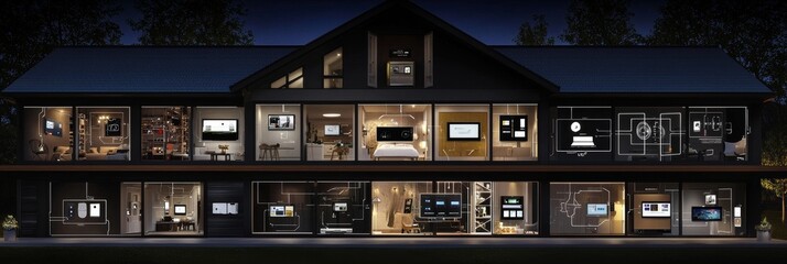 Banner smart home technology. Building connected with domestic devices IOT. Intelligent control system. Generation AI.