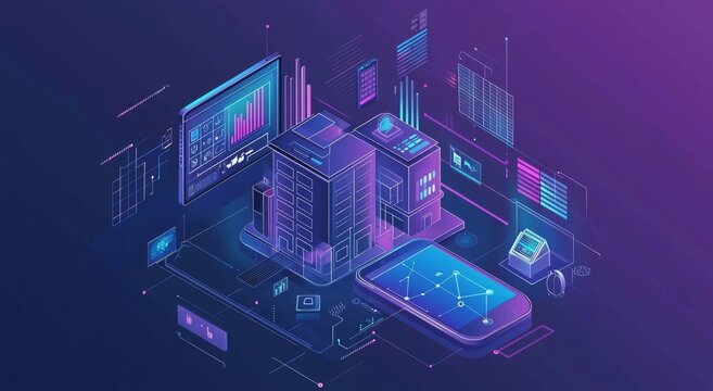 A smart home with a smartphone control system. A home automation system with IOT capabilities via WiFi, with device management through the home network. Indoor intelligent control system on a blue