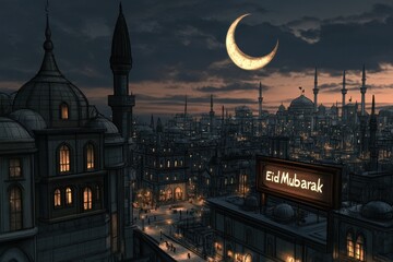 Naklejka premium Eid Mubarak sign with crescent moon and mosque, glowing neon text, Ramadan concept