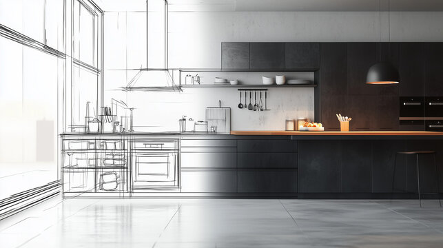 Modern kitchen design transition from blueprint to reality, black and white sketch with white interior
