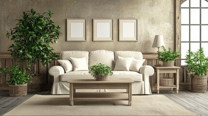 Interior design concept for a bright and clean living room using nature's wooden materials, simple comforts, and simplicity to decorate the surface of a beautiful background design for a house