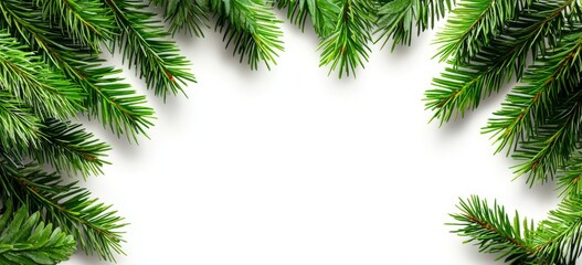 Christmas border with frosted fir branches arranged on white as an arch, banner style