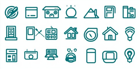 Modern illustration of real estate, smart home and building repair business thin black lines. Outline symbols of automation of house systems as well as furniture and appliances provide access to