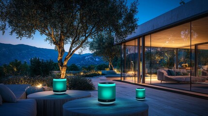 Integrated smart home with smart speakers, lights, and thermostats, all connected and controlled by a single device.