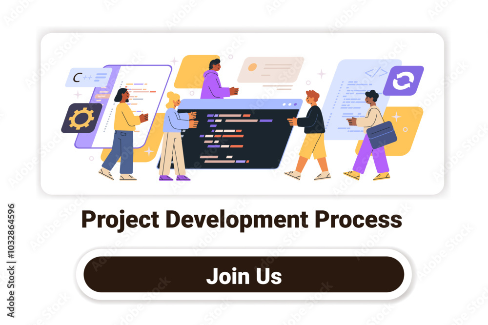Poster project development process team collaboration coding people working on software colorful background