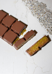 Dubai chocolate, viral chocolate 2024, trends , homemade chocolate with pistachio and kadaif, chocolate in a section
