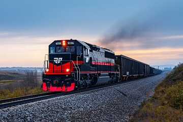 Obraz premium long iron ore train winding through industrial landscape
