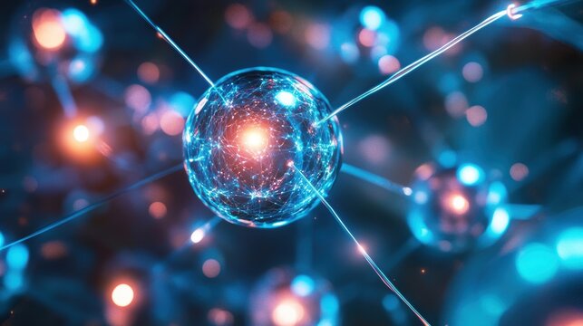 Multi-level quantum computing, computer performing parallel computations, energy states represented by glowing orbs