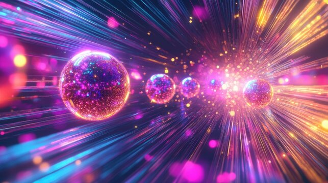 Multi-level quantum computing, computer performing parallel computations, energy states represented by glowing orbs