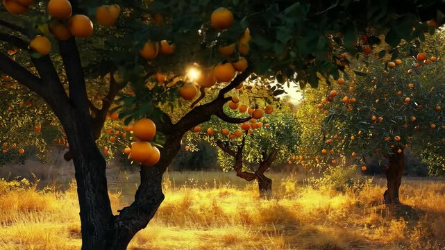 A grove of orange trees laden with fruit basks in the afternoon sun