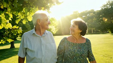 The camera rotates 360 degrees around an elderly couple smiling as they stroll in a sunny park, captured in slow motion with practical lighting.