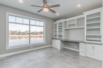 Obraz premium The rustic desk in this modern home office is lit by natural light