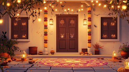 Festive diwali porch decor with lights and colorful rangoli in traditional indian style