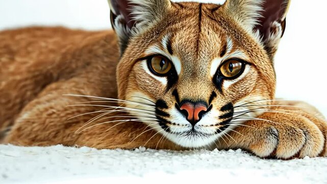 A caracal stares intently at the camera, its fur a beautiful shade of brown and its eyes a piercing amber