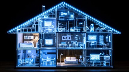 An illustration of a smart home with a glowing blue circuit board in the middle and a variety of automated devices.