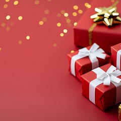 An elegant gift box with white and brown bows set against a red background.
