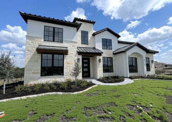 The white stucco exterior of this modern suburban home showcases minimalist design elements, framed by lush greenery and a large open front yard.