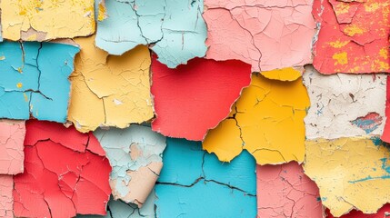 Obraz premium A vibrant collage of peeling paint in various colors showcasing texture and age, creating an artistic backdrop.