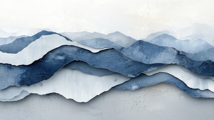 A serene watercolor representation of layered mountains in shades of blue and grey, creating a tranquil and atmospheric landscape.