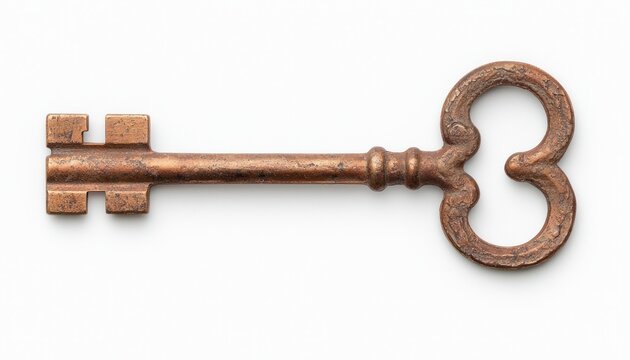 An antique, ornate key with a distinctive design, showcasing a vintage metal finish and intricate details.