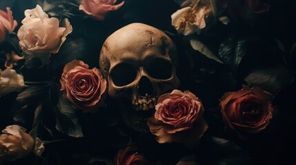 A human skull surrounded by pink roses, a still life representing the beauty and fragility of life.