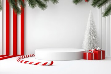 Mock-up of an abstract minimal scene with a geometric podium shape for presenting cosmetic products. Icon grid background with a red tree xmas background. 3D modern scene.