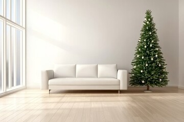 New year's living room interior with a large Christmas tree and a sofa.