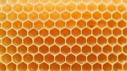 A close-up view of a honeycomb structure showcasing hexagonal cells filled with golden honey, reflecting nature's intricate design and craftsmanship.