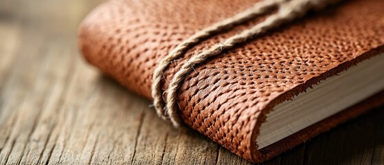 A close-up of a textured leather-bound notebook tied with twine, resting on a rustic wooden surface.