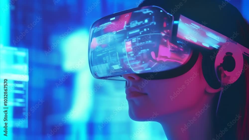 Poster woman is wearing a vr headset and working in a dark room illuminated by blue and pink light from com