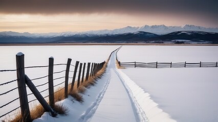 Peaceful winter landscape with wooden fence, snow, and mountains at dawn.