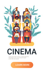 People watching movie in cinema theatre audience seated with popcorn and drinks colorful seats background with plants website banner design
