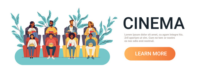 People watching movie cinema theater audience. Diverse group seated in rows holding popcorn drinks surrounded by plants white background. Website banner template
