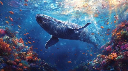 Fototapeta premium Majestic Whale and Coral Reef