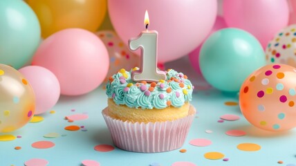 Colorful first birthday cake with a number one candle and balloons  