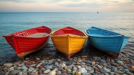 Three colorful boats by the shore at sunset