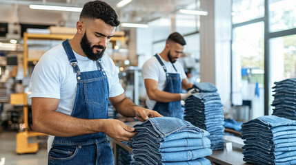 Naklejka premium factory workers efficiently stacking folded denim jeans