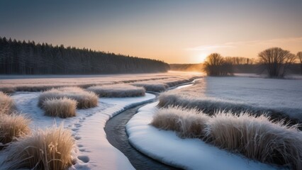 Obraz premium In this Rural winter landscape, a frozen creek winds through snowy meadows