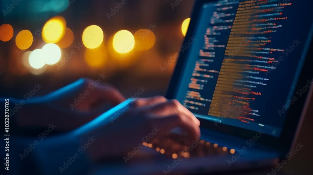 Poster Software developer works late in a dimly lit office, typing on a laptop with city lights in the background, showcasing expertise in programming and web development