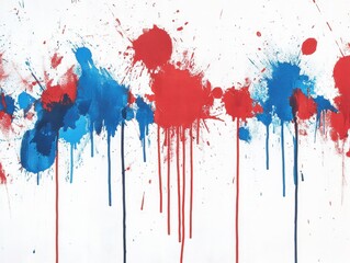 Fototapeta premium Red and blue paint splatters on a white background, with bold brush strokes, blue splatters, and dripping paint The color palette consists of vibrant red and white Generative AI