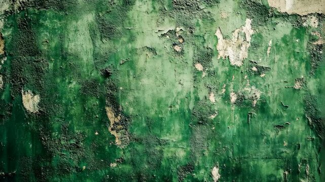 A close-up of a weathered, green wall with peeling paint