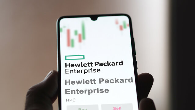 April 09th 2024 , Houston, Texas. Close up on logo of Hewlett Packard Enterprise on the screen of an exchange. Hewlett Packard Enterprise price stocks, $HPE on a device.