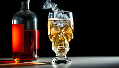 Drink bottle and glass with alcohol content. Image of translucent skull in glass. Alcoholism, addiction or poison concept isolated with white highlights, png