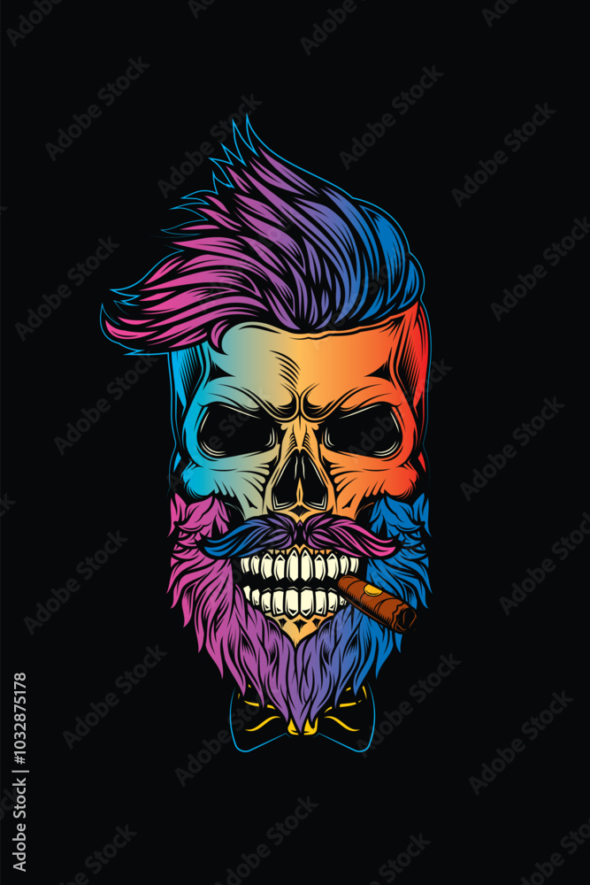 Wall mural Hipster skull with beard and mustache with cigar in mouth.. Original vector illustration in vintage style. T-shirt design.