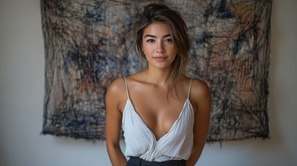 Fototapeta premium A young woman with long brown hair looks directly at the camera in a white tank top.