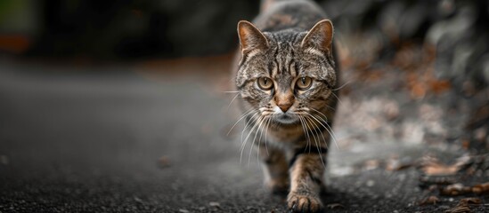 Tabby cat walking on a road in an outdoor setting.