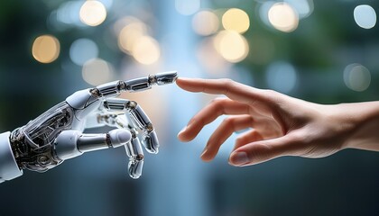 A robotic finger and human finger are touch; a connectivity between robot and human; a humanoid or android hand touching a human hand; connection between machine and humanity; technology photography